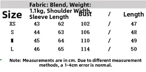 Size chart table for women faux fur jacket with measurements for shoulders and chest