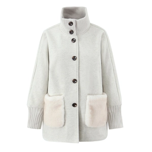 Close-up of knit stand collar and large faux fur pockets on stylish mid-length coat