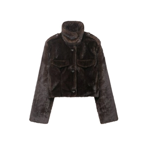 Women's Elegant Faux Fur Short Jacket Standing Collar Single Breasted Brown Coat With Epaulettes And Flap Pockets Winter Outerwear