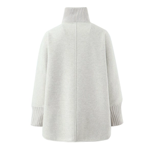 Detail view showing back of light gray wool blend coat with rib knit stand collar and cuffs