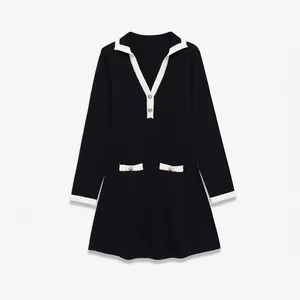 Women Elegant Knit Mini Dress Long Sleeve V Neck Lapel Color Block A-Line Dress With Gold Buttons Casual Office Party Wear