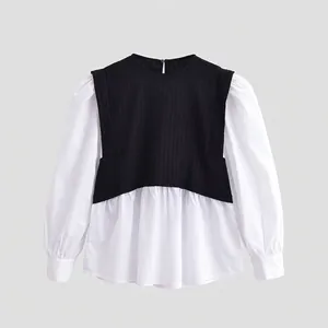 Women's Fake Two-Piece Contrast Stitching Top Lantern Sleeve Polyester Blouse Round Neck French Lady Style Top