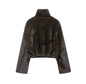 Rear view of a dark brown faux fur jacket featuring a high collar and fluffy texture
