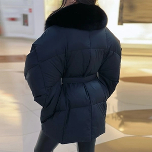 Back view of a black quilted parka for women with a detachable faux fur collar and waist belt