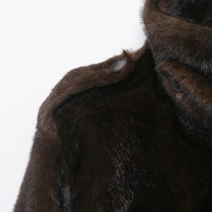 Deep brown faux fur jacket for women with stylish epaulettes and buttoned shoulders