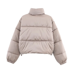 Back view of women short puffer jacket with high collar and adjustable drawstring waist