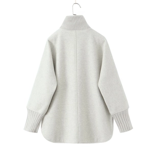 Back view of light grey wool blend mid-length coat with ribbed knit collar and cuffs