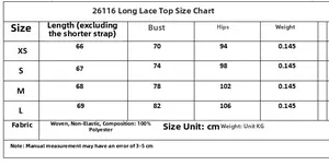 Size chart for lace slip dress including length, bust and hip measurements from XS to L