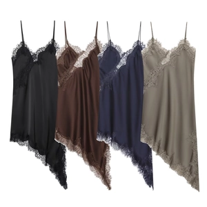 Women Sexy Satin Lace Patchwork Asymmetric Cami Dress Sleeveless V Neck Solid Color Midi Party Dress Clubwear