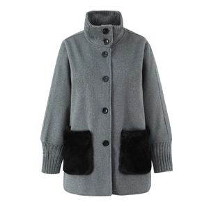 Women's dark gray wool coat with knit collar and black plush pockets in long length