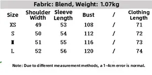 Size chart detail for women mid-length wool coat with fabric and weight information