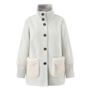 Women's mid-length coat with knit collar, tortoise buttons and faux fur patch pockets