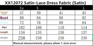 Detailed size chart for satin lace dress with measurements for XS to L sizes