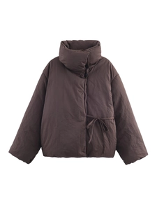 Women Oversized Padded Coat High Collar Tie Waist Solid Color Thick Winter Windproof Jacket Casual Fashion Streetwear Brown