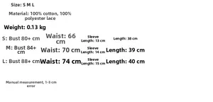 Guide des tailles pour haut en dentelle unie avec mesures détaillées en tailles S, M, L
