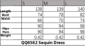 Detailed size chart for backless sequin halter dress showing S to L measurements