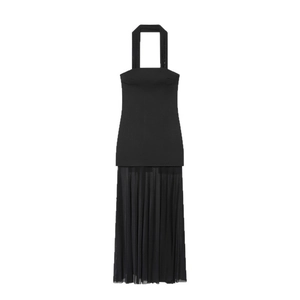 Robe longue noire à licou élégante avec jupe en tulle plissée transparente tendance