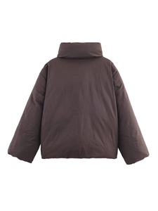 Women's stylish dark brown oversized padded winter jacket with high stand collar back view