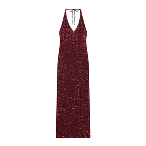 Women Sexy Backless Halter Neck Sequin Maxi Dress Burgundy Sleeveless Deep V Neck Split Party Evening Banquet Long Dress