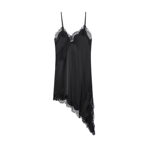 Detail of black satin slip dress with delicate lace trim and asymmetrical hemline