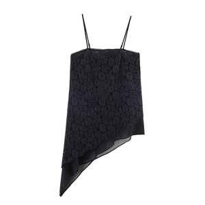 Débardeur en dentelle noire pour femme avec ourlet asymétrique et broderie