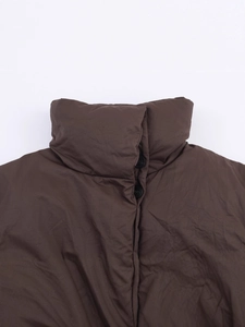 Deep brown stand collar padded jacket featuring double-breasted buttons and quilted fabric
