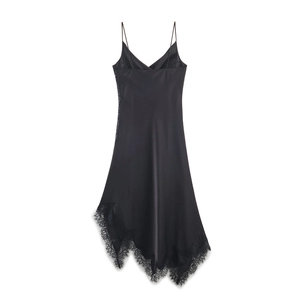 Detail of elegant black satin slip dress with deep V-neck and delicate lace trim
