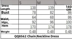 Detailed size chart for chain neck waist dress including length, bust, and waist measurements