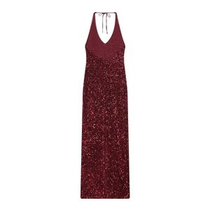 Close-up of wine red sequin halter dress with backless tie design and high slit details