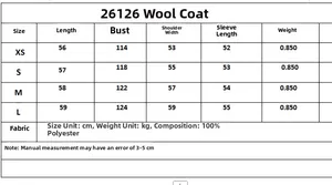 Detailed size chart for the women's casual jacket with lengths and fabric specifications