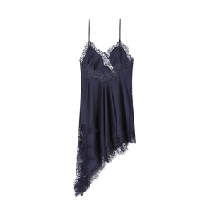 Detailed close-up of navy blue satin dress with delicate lace trim and eyelash edges