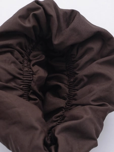 Deep brown winter coat with elastic drawstring cuffs and premium textured fabric details
