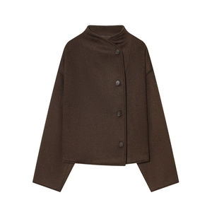 Women's Casual Woolen Stand Collar Short Jacket Asymmetric Button Down Long Sleeve Loose Fashion Solid Color Fall Coat Outerwear
