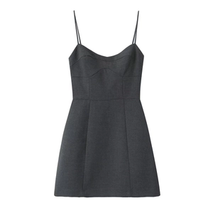 Close-up of charcoal grey mini dress showing sweetheart neckline and structural seams