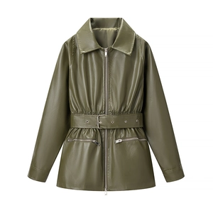 Detail of army green PU leather jacket featuring lapels, silver zippers, and waist belt