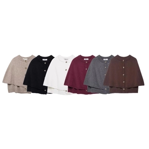 Women's Round Neck Knit Poncho Cardigan Button Up Double Layer Sweater Cape Wrap Short Sleeve Elegant Casual Knitwear Outerwear