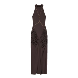 Women's Halter Neck Maxi Dress With Metal Chain Body Decoration Sleeveless Ruched Slim Fit Backless Long Evening Party Dress