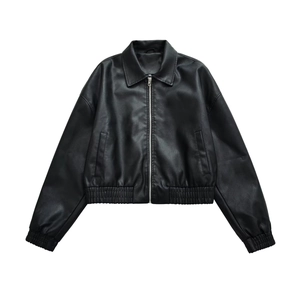 Detail of black PU leather jacket featuring classic lapel collar and metal zipper closure