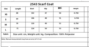 Size chart for women's round neck jacket showing XS-L measurements and 100% polyester fabric