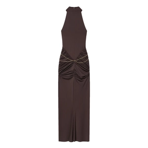 Detail of ruched dark brown halter dress with elegant double gold chain waist decoration