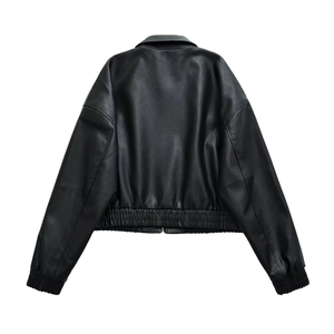 Back view of a black faux leather motorcycle jacket featuring ribbed cuffs and a loose fit