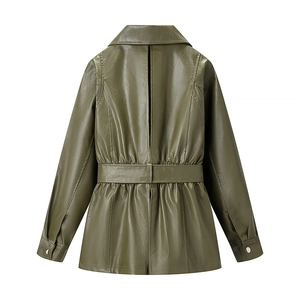 Back view of olive green faux leather jacket featuring waist belt and refined textures