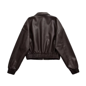 Detailed back view of deep brown PU leather biker jacket with elastic hem and cuffs