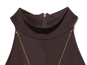 Close-up of chocolate brown halter neck dress with delicate gold chain and silver zipper