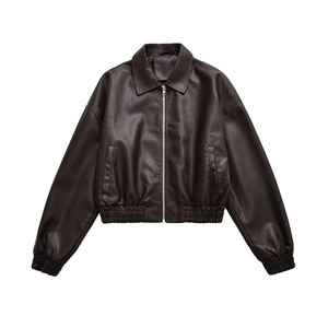 Detailed macro view of dark brown PU leather jacket with metal zipper and collar