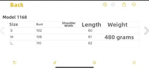 Size chart for women's knit sweater showing bust and length measurements in S, M, and L