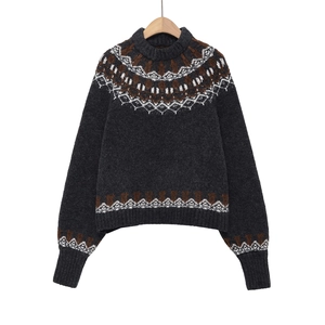 Detailed view of the retro Fair Isle patterns on the neckline of a dark grey knit sweater