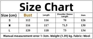 Detailed size chart for women long wool coat with bust, length, and sleeve measurements