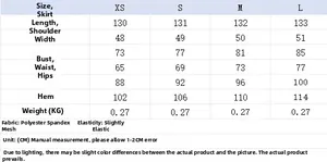 Tableau des tailles détaillé pour robe en mesh avec mesures du XS au L
