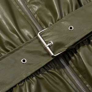 Detail view of olive green PU leather jacket with adjustable waist belt and silver eyelets